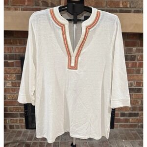 Women's Cream Beaded Linen Split Neck Tunic Top 2XL Boho Peasant Beach Hippie